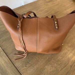 Rebecca Minkoff Medium Leather Tote Bag-Dark Tan-Studded Handbag with Zip Pouch